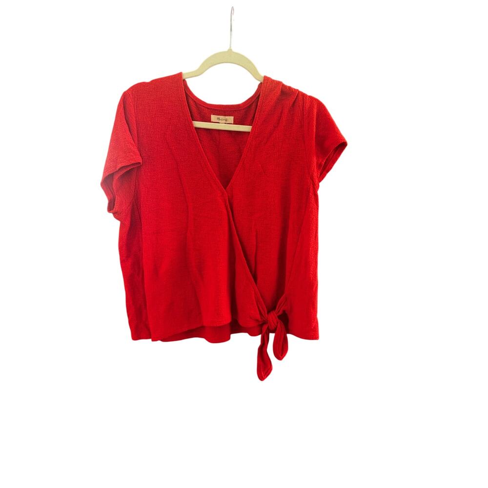 Madewell Tomato Red Textured Wrap Front Side Tie Top Short Sleeve 100% Cotton XL